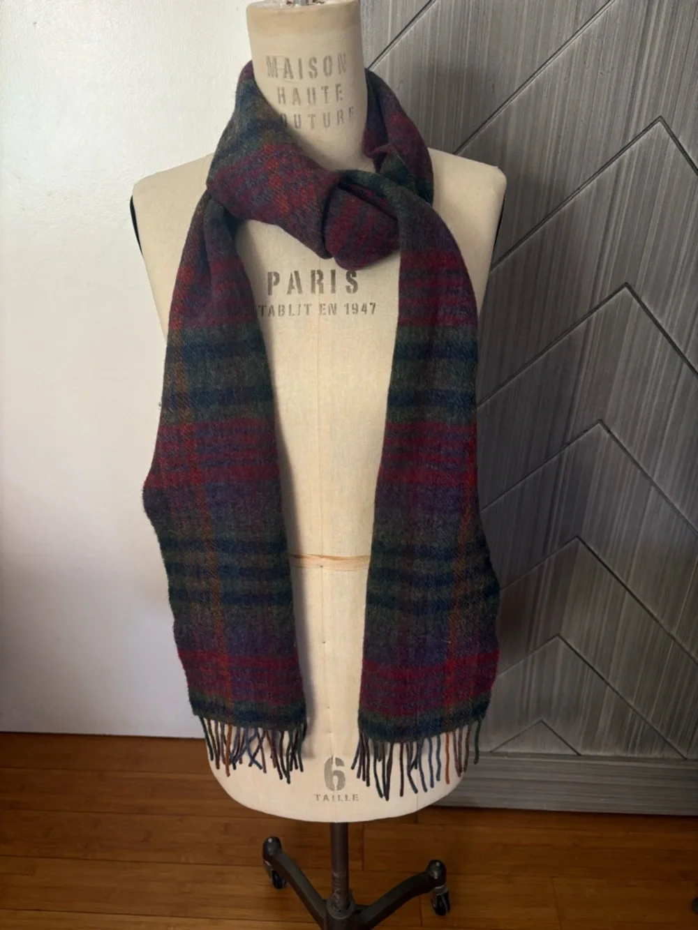 NWT JOHN HANLY 1943 Irish Wool Scarf Green Mustard Purple Check Plaid Wool